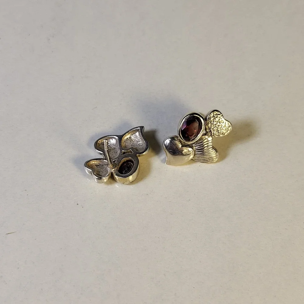 Vintage JTV Sterling Silver Garnet Heart Stud Earrings Small Red Multi Texture